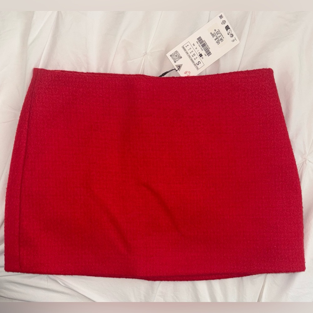 NWT Zara Solid Red Tweed Mini Skirt Size S